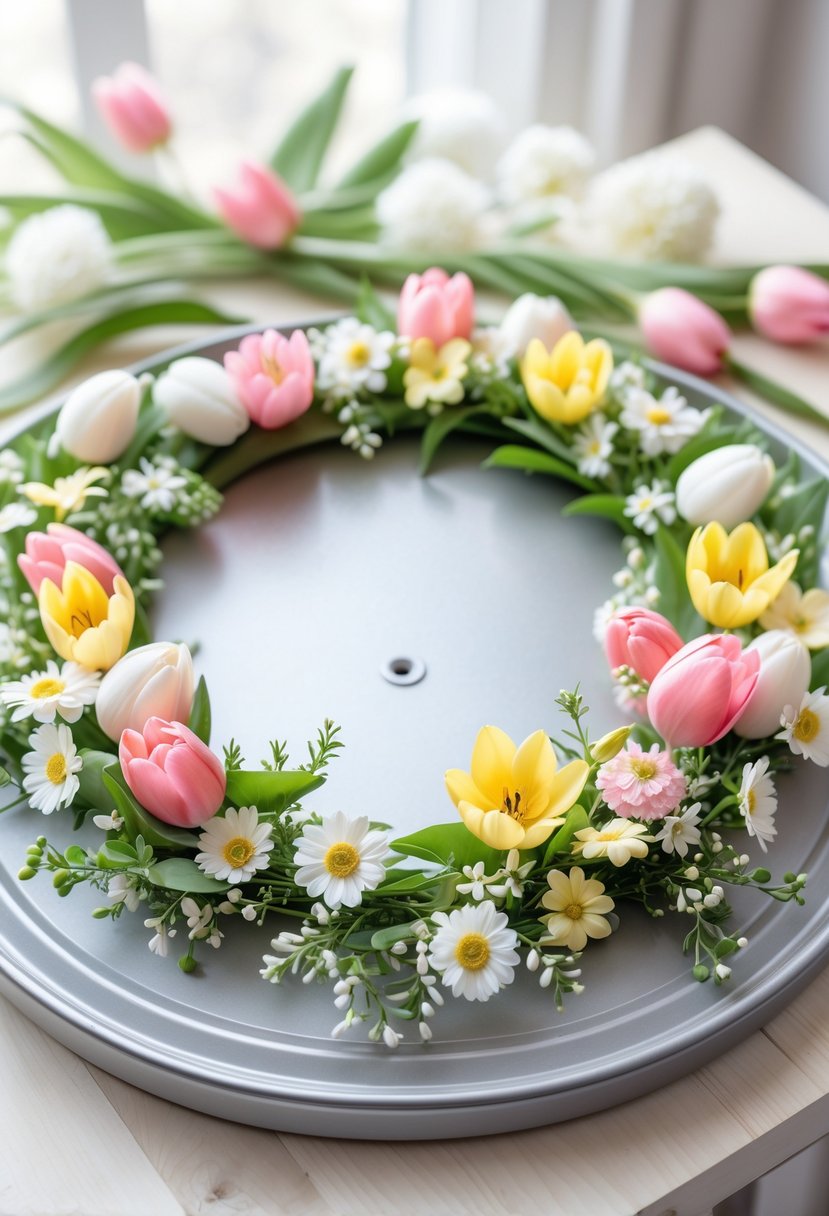A circular pizza pan decorated with spring flowers and green leaves arranged as a floral frame on a light wooden surface.
