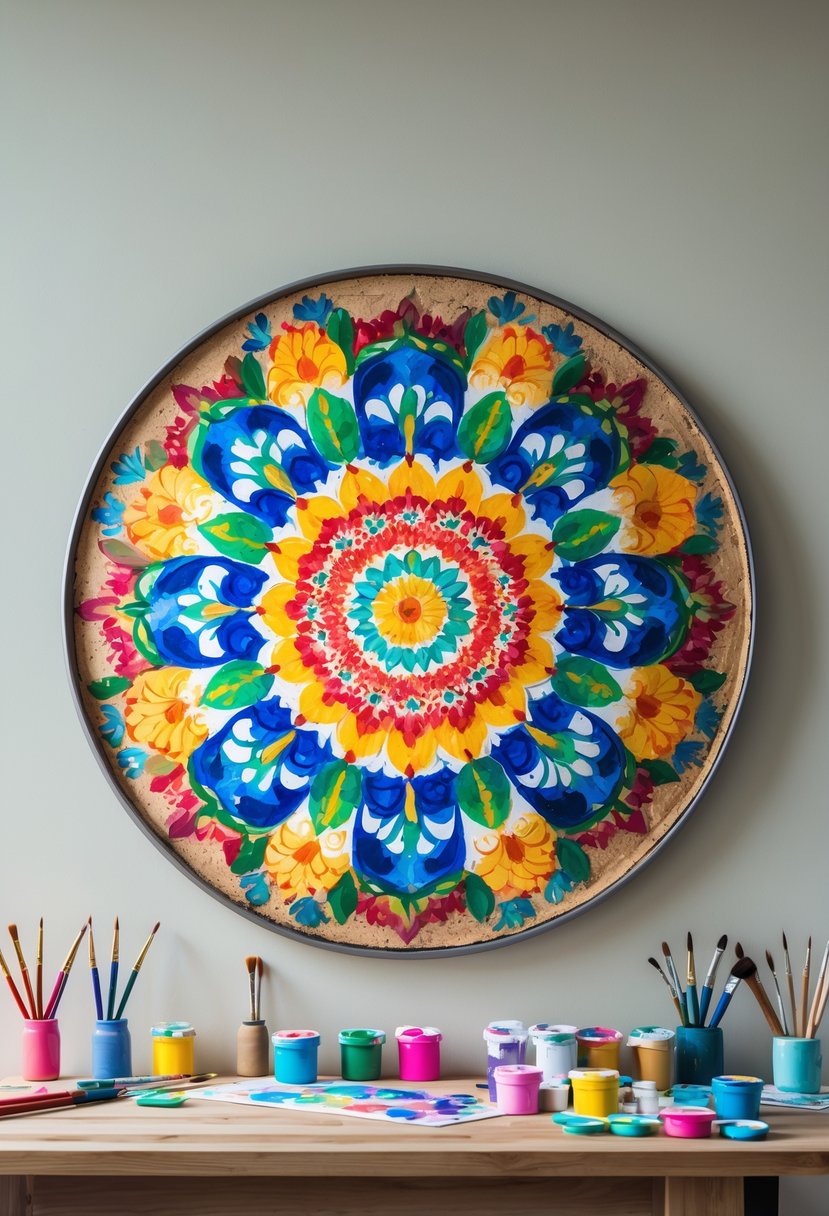 A colorful mandala painted on a round pizza pan hanging on a wall above a table with paintbrushes and paint pots.
