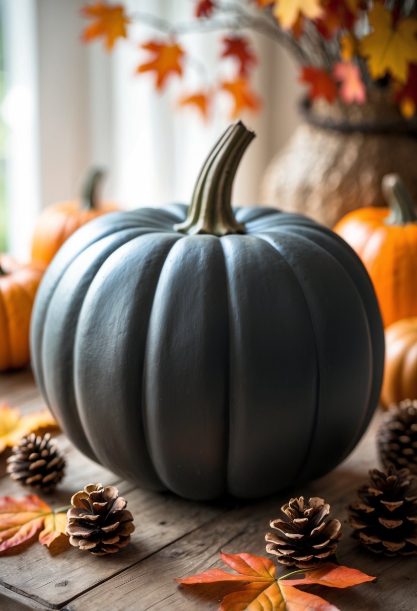 A black-painted pumpkin on a wooden table surrounded by autumn leaves, pine cones, and dried orange slices.