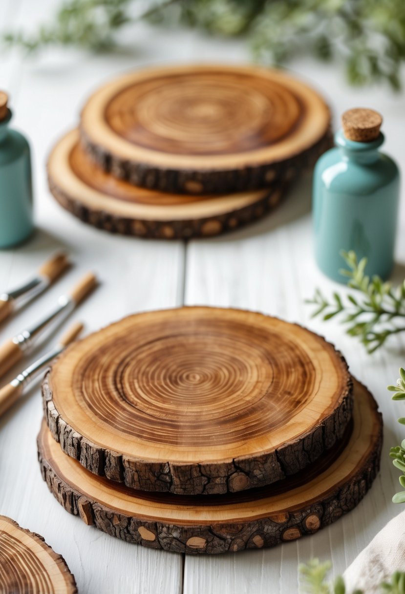 A set of wood slice coasters with a shiny resin finish arranged on a wooden surface with craft supplies nearby.