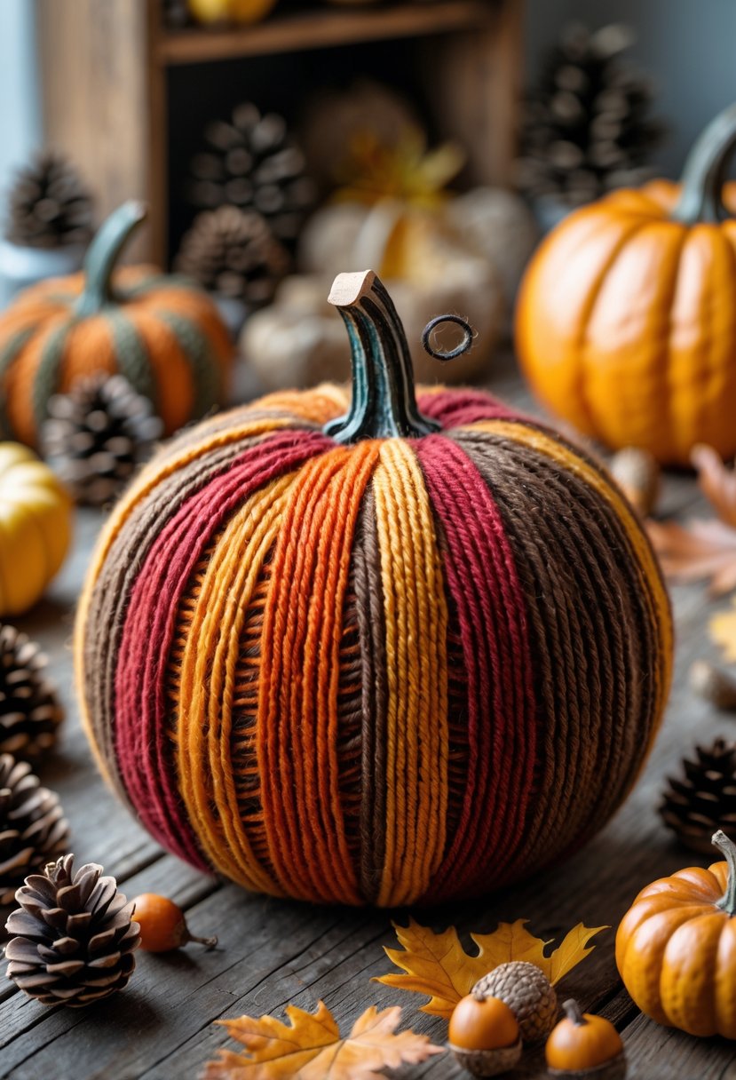 A pumpkin wrapped in fall-colored yarn sitting on a wooden table with autumn decorations around it.