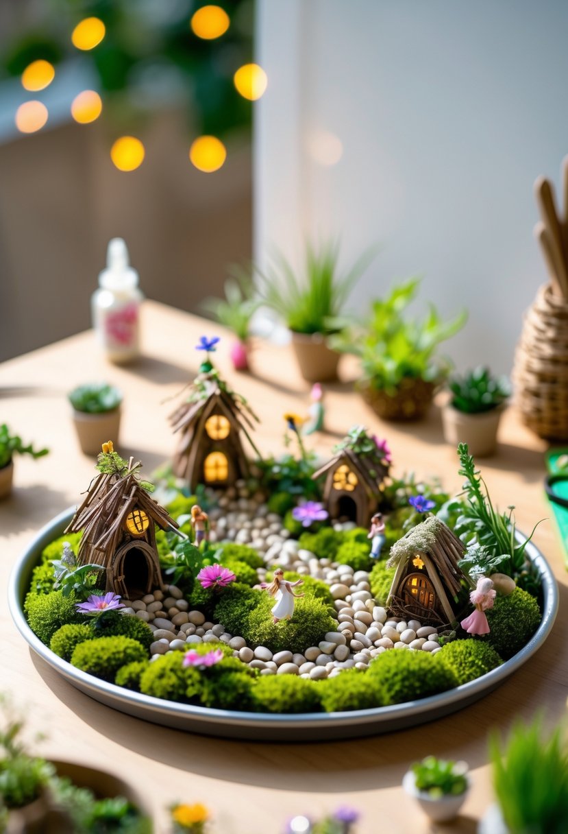 A miniature fairy garden arranged on a round pizza pan with tiny fairy houses, plants, and decorative elements.