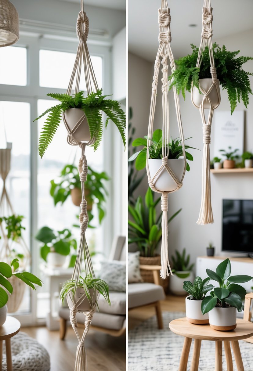 Indoor scene with several hanging green plants in handmade macrame holders displayed in a cozy modern home.