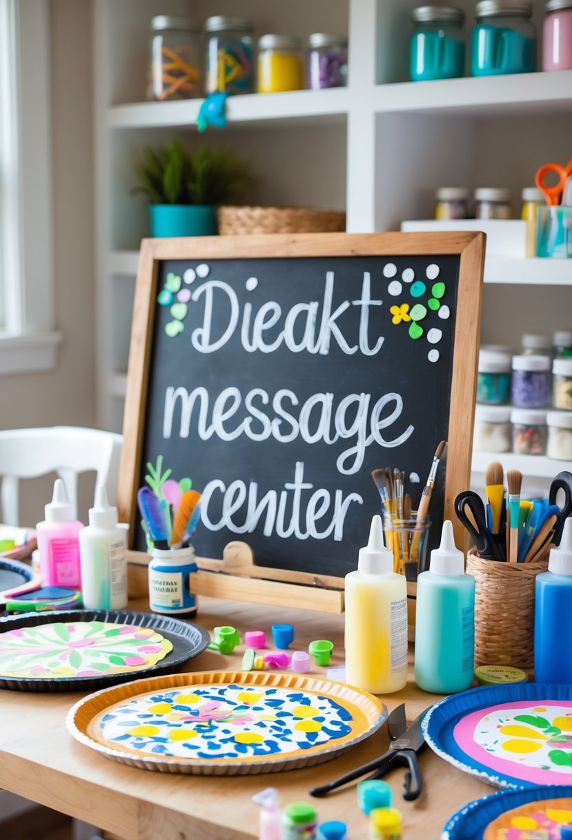 A craft workspace with decorated pizza pans, paint supplies, and a chalkboard message center in a neatly organized room.