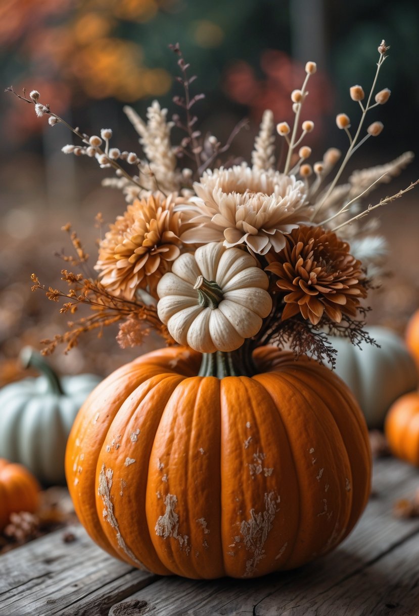 A small pumpkin used as a vase filled with dried flowers and twigs sitting on a wooden surface with a blurred autumn background.