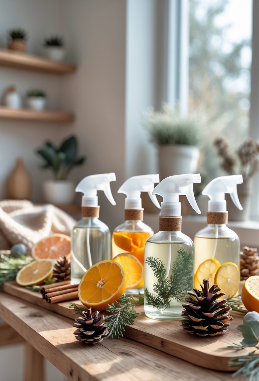 A table displaying glass bottles of seasonal room sprays with essential oils surrounded by natural ingredients like citrus, cinnamon, pine cones, and eucalyptus in a cozy indoor setting.