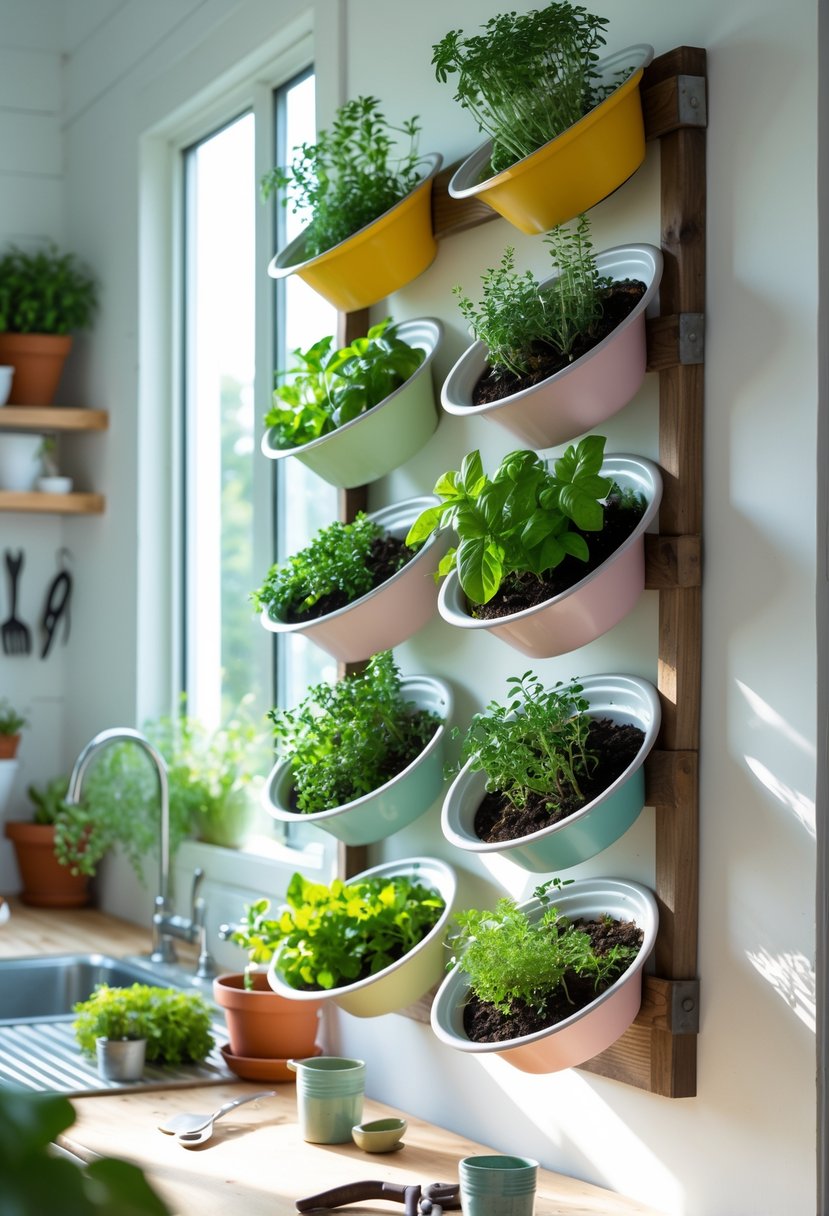 A hanging herb garden made from painted pizza pans holding various fresh green herbs in a bright kitchen setting.