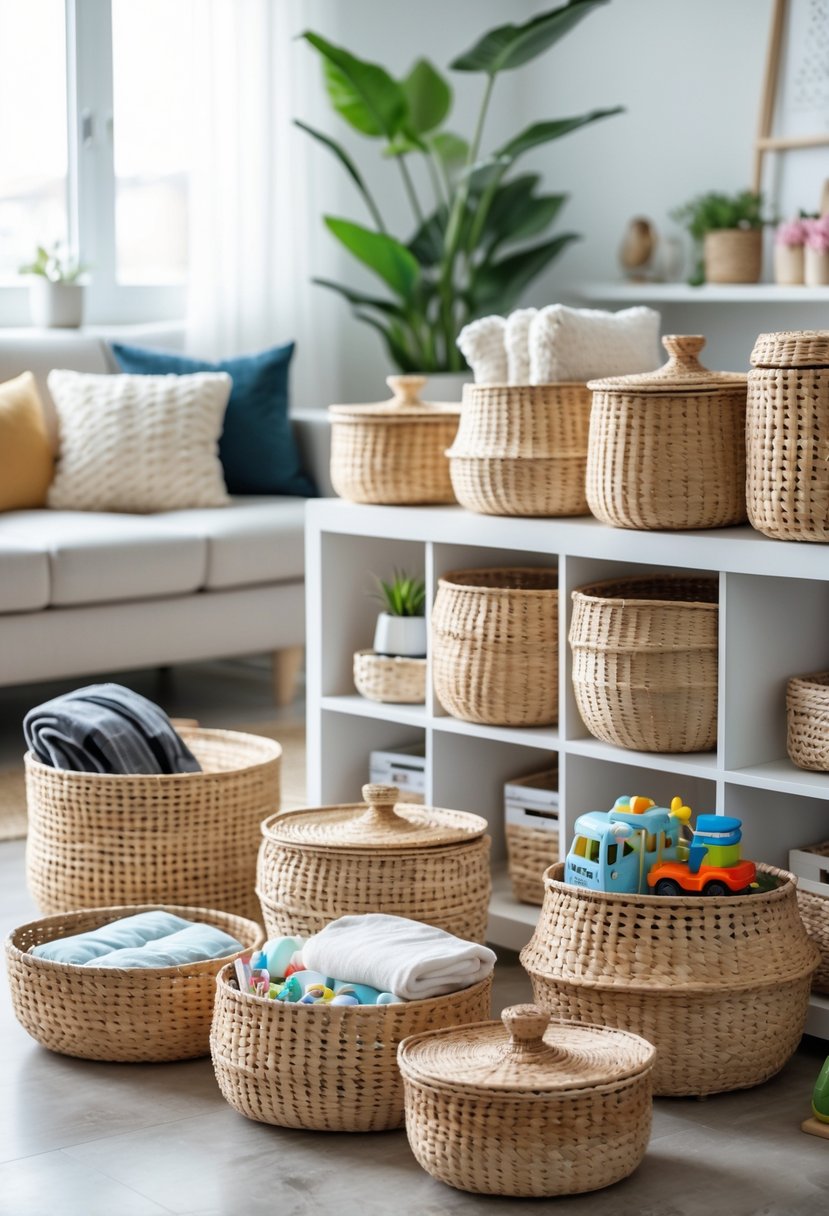 Various woven baskets filled with household items arranged neatly in a bright, organized living space.