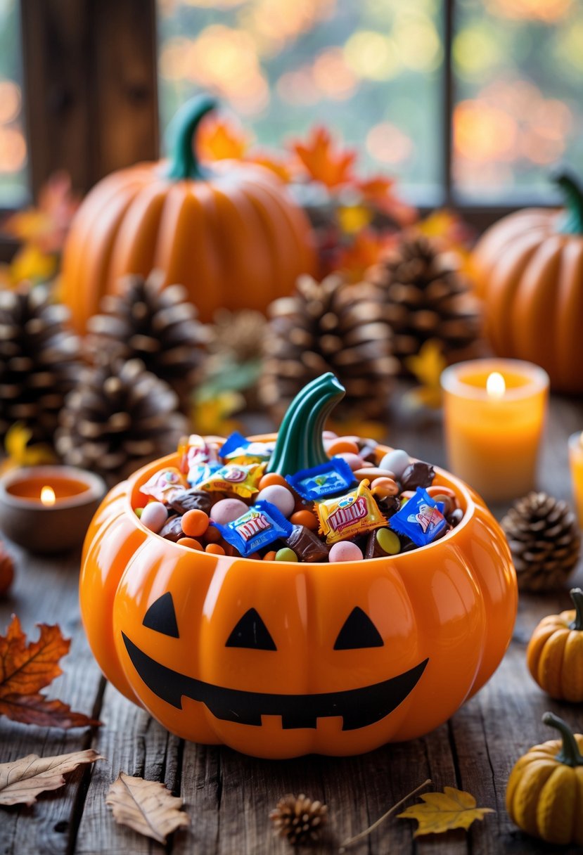 A bright orange plastic pumpkin filled with colorful candy sitting on a wooden table with autumn decorations around it.