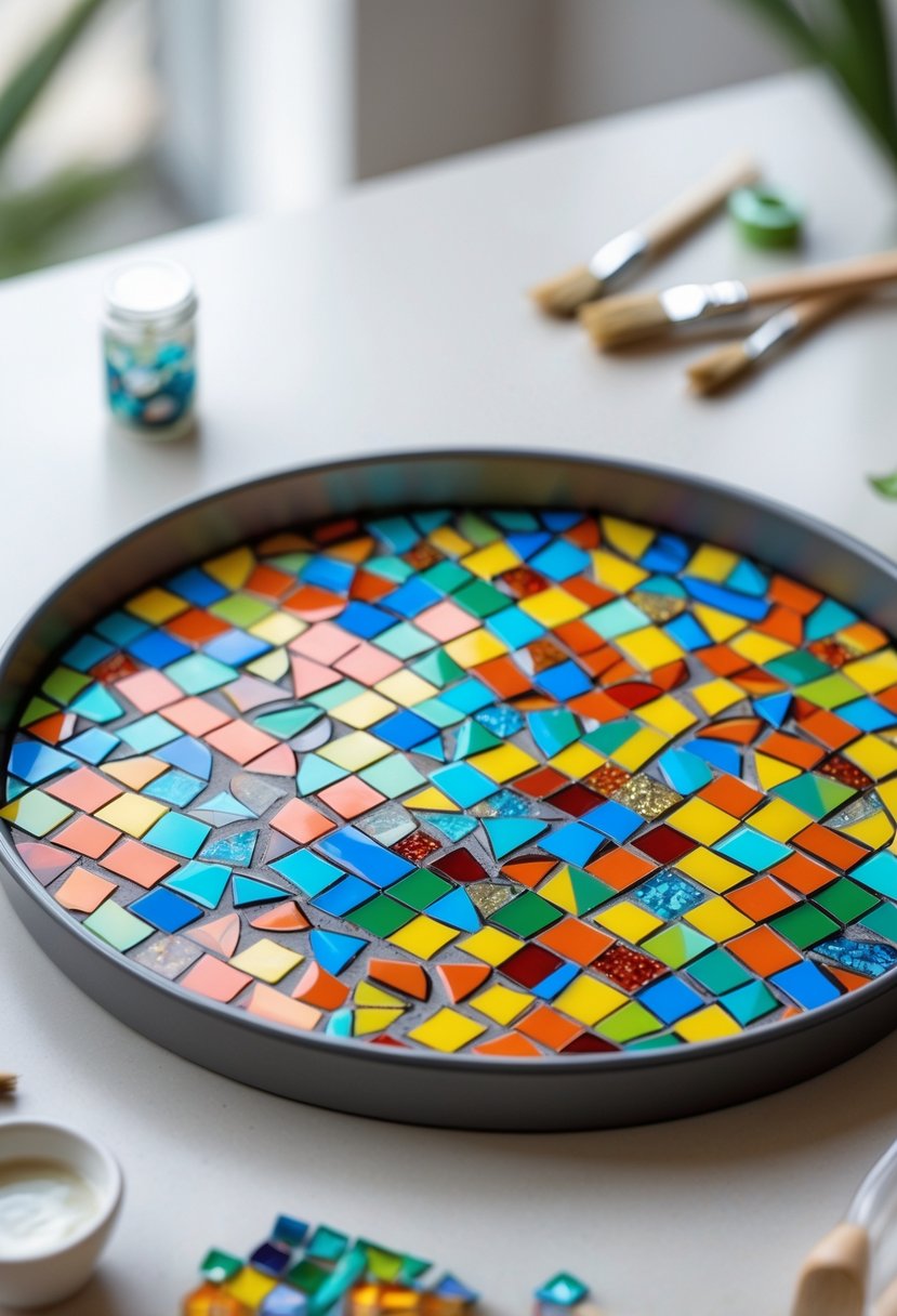 A colorful geometric mosaic tray made from a pizza pan displayed on a neutral surface with crafting materials nearby.