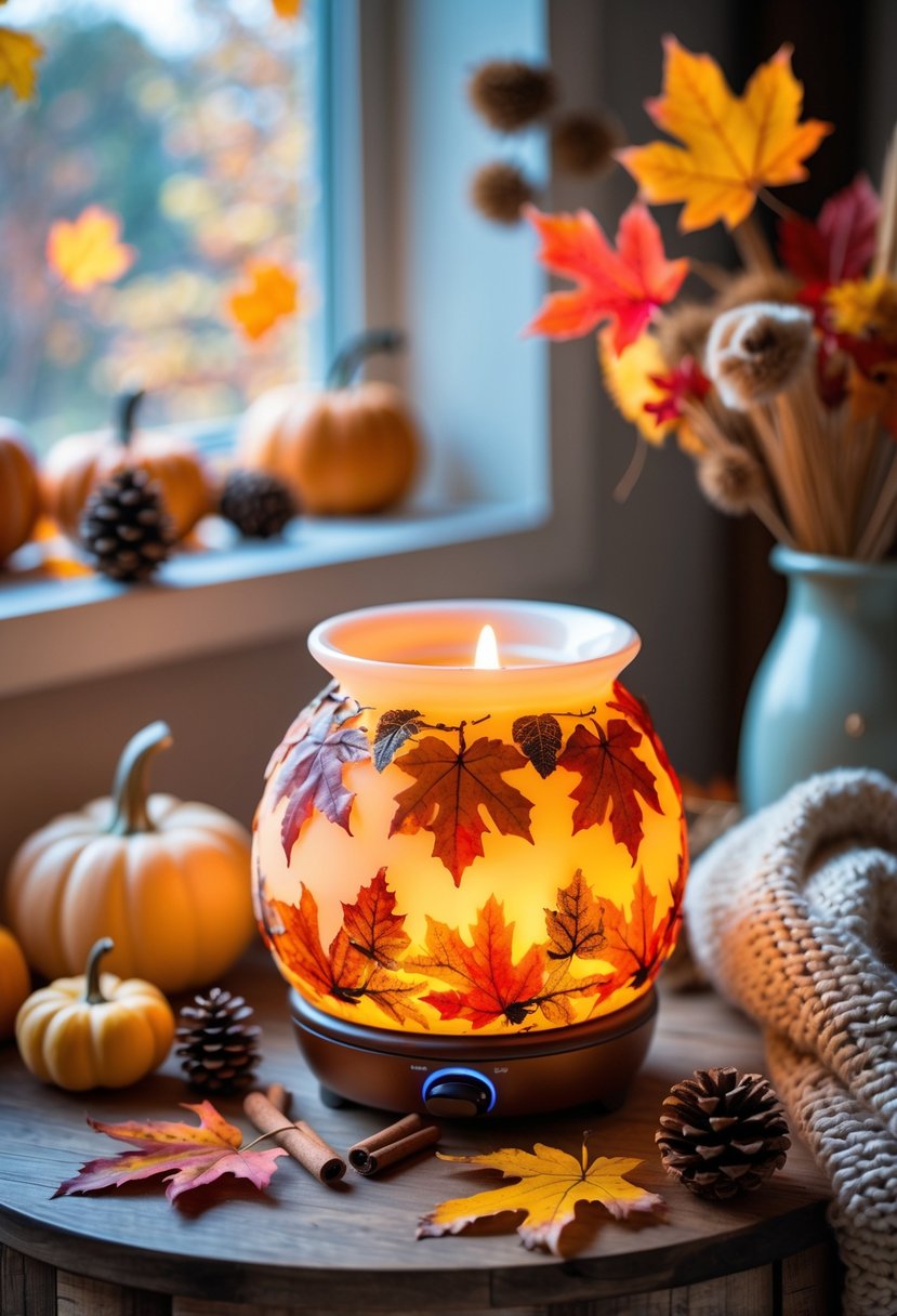 A fall-themed wax warmer surrounded by pumpkins, pine cones, colorful leaves, and cinnamon sticks on a wooden table near a window.