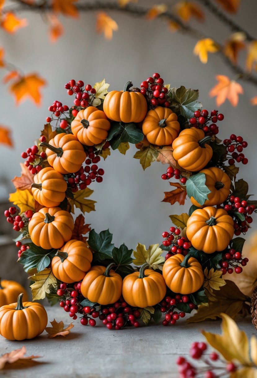 A circular wreath made of small pumpkins, red berries, and autumn leaves on a neutral background.