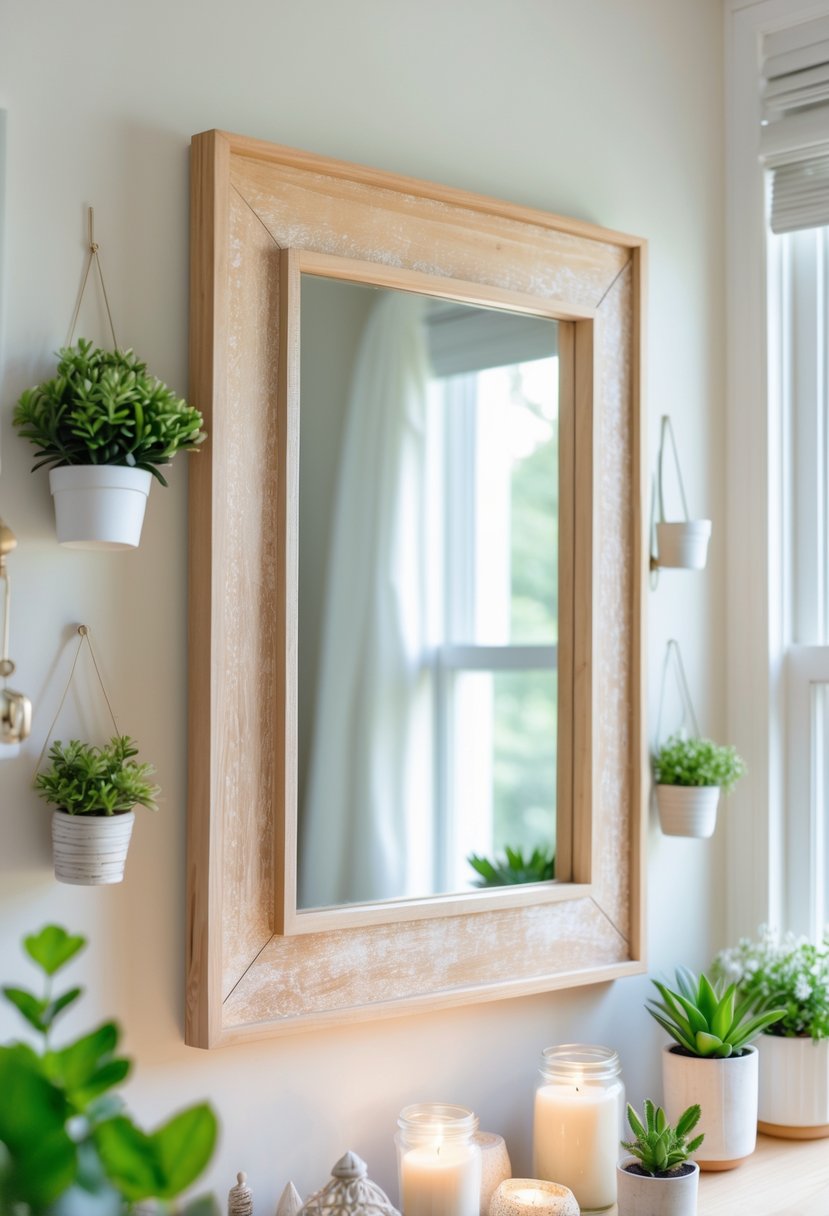 A decorated mirror with a handmade frame hanging on a wall in a cozy room with plants and craft supplies nearby.