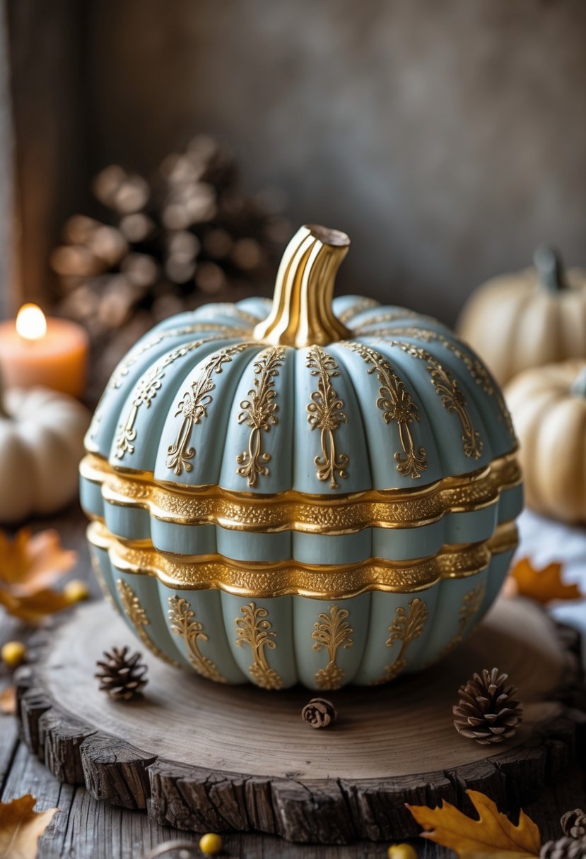 A layered pumpkin with gold paint detailing sits on a wooden surface surrounded by autumn leaves and pinecones.