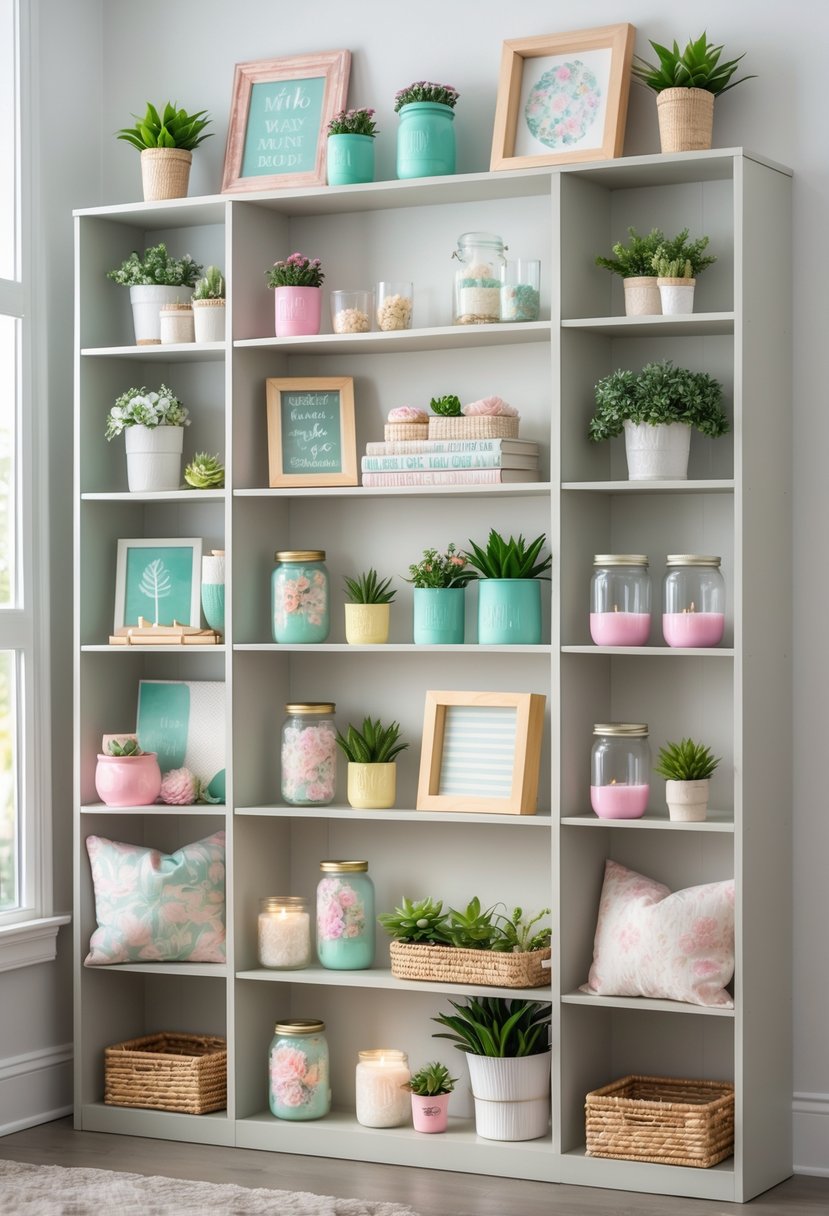 A stacked bookshelf decorated with various handmade craft items including plants, candles, and framed art in a bright living room corner.