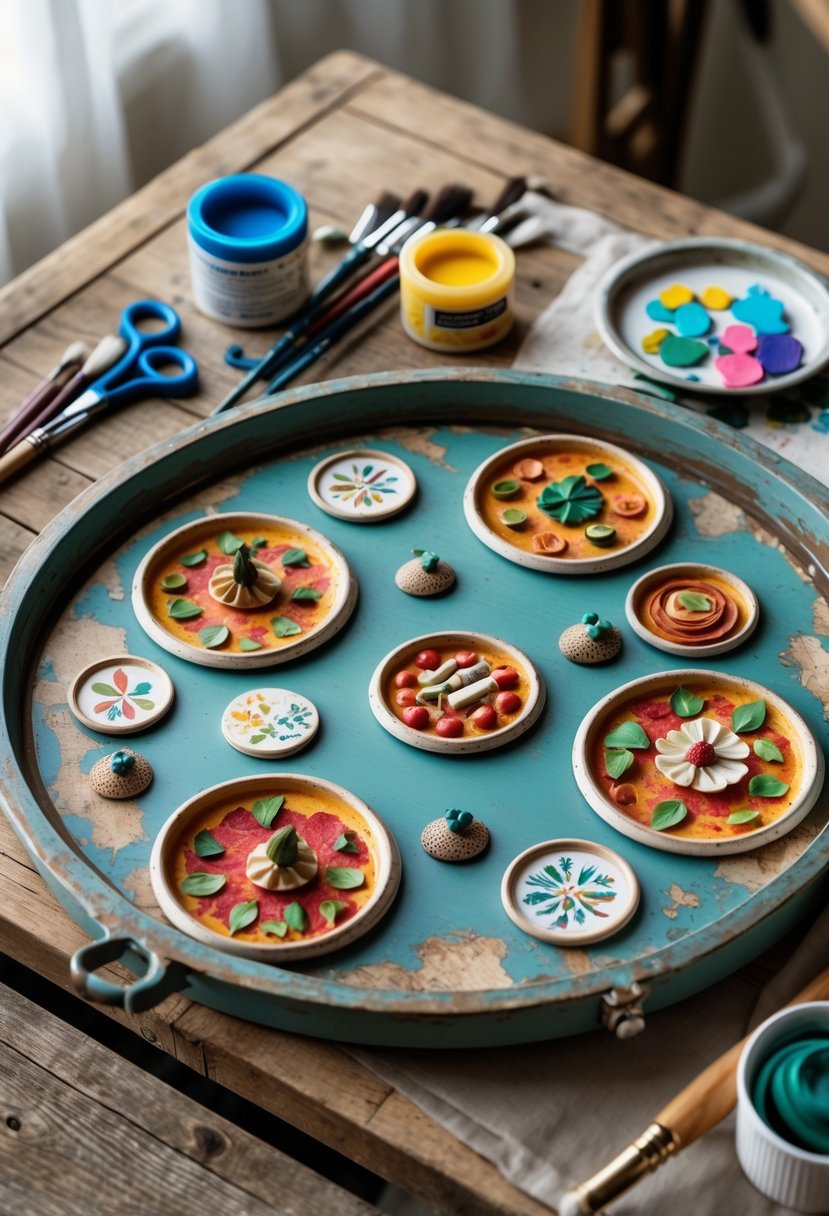 A vintage-style tray with craft supplies on a wooden table, including paintbrushes and paints.