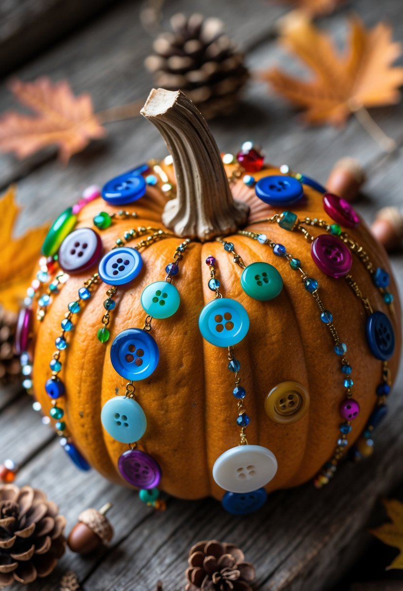 A pumpkin decorated with colorful buttons and beads on a wooden surface surrounded by autumn leaves and pine cones.