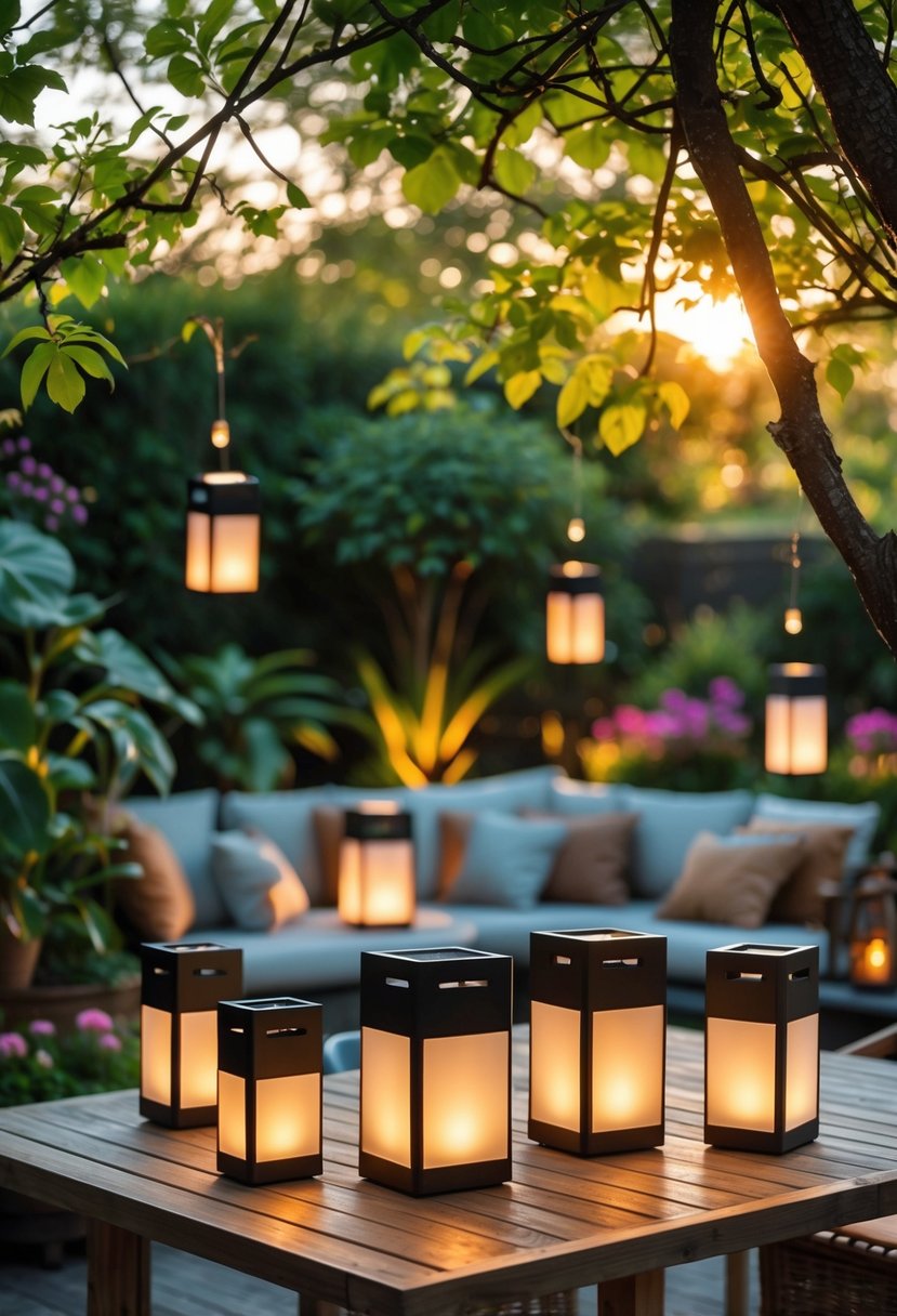 Outdoor scene with solar lanterns glowing on a patio table and hanging from trees in a garden with plants and seating.