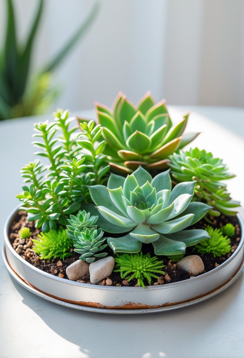 A round metal pizza pan repurposed as a base for a variety of green succulent plants arranged with decorative stones on a neutral surface.