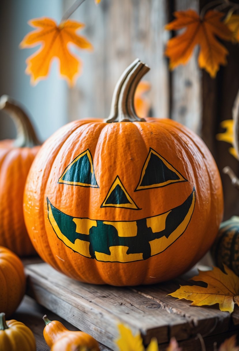 A painted pumpkin with a Halloween face surrounded by autumn leaves and small gourds on a wooden surface.