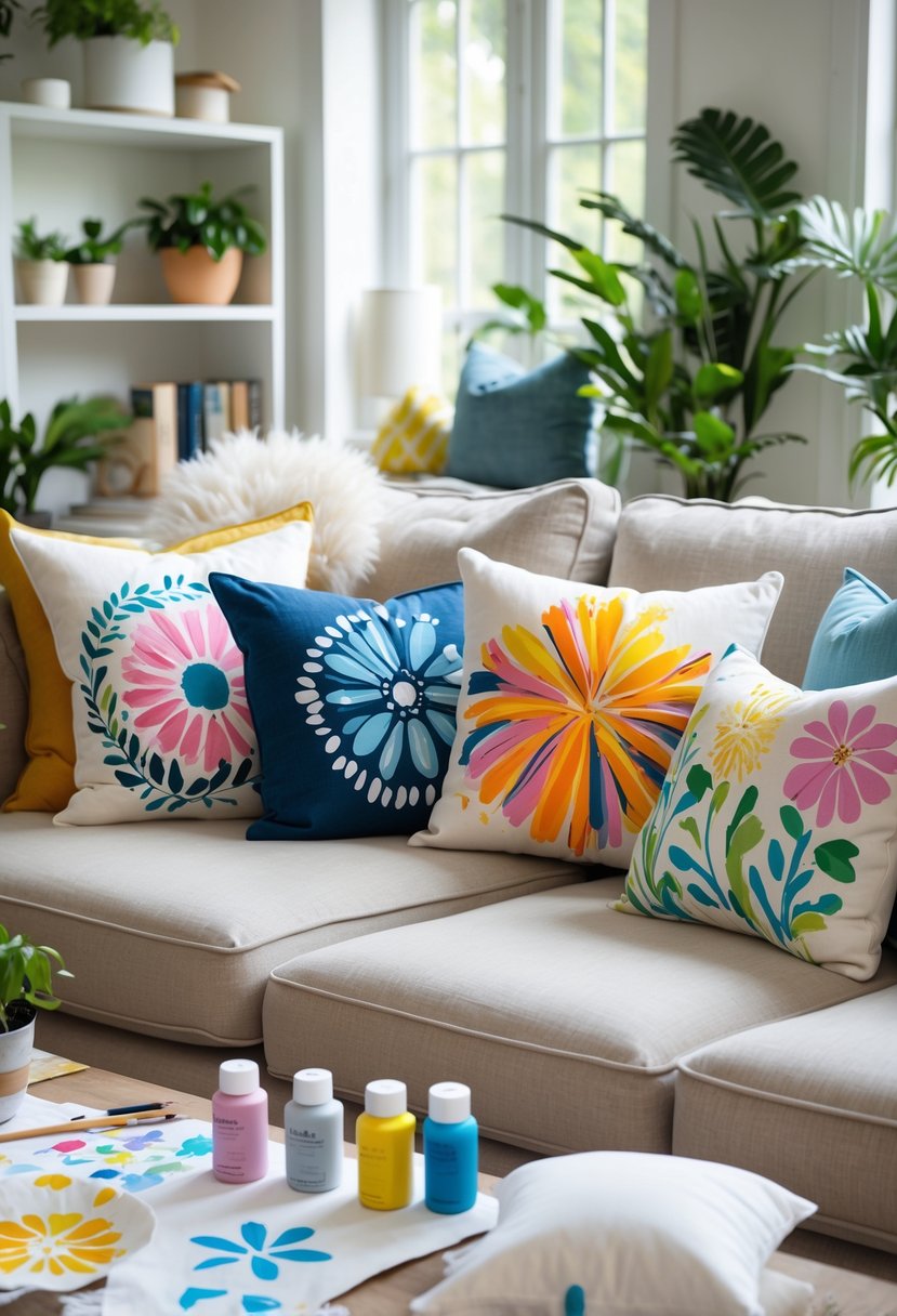 A living room with a sofa featuring several colorful hand-painted throw pillows and a nearby craft table with fabric paint and brushes.