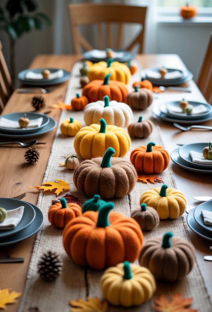 A wooden dining table decorated with a felt pumpkin table runner and autumn-themed accents like pinecones and leaves.
