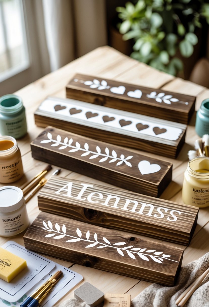 A collection of rustic wooden signs decorated with simple stencil designs arranged on a table alongside paintbrushes, paint jars, and stencil sheets.