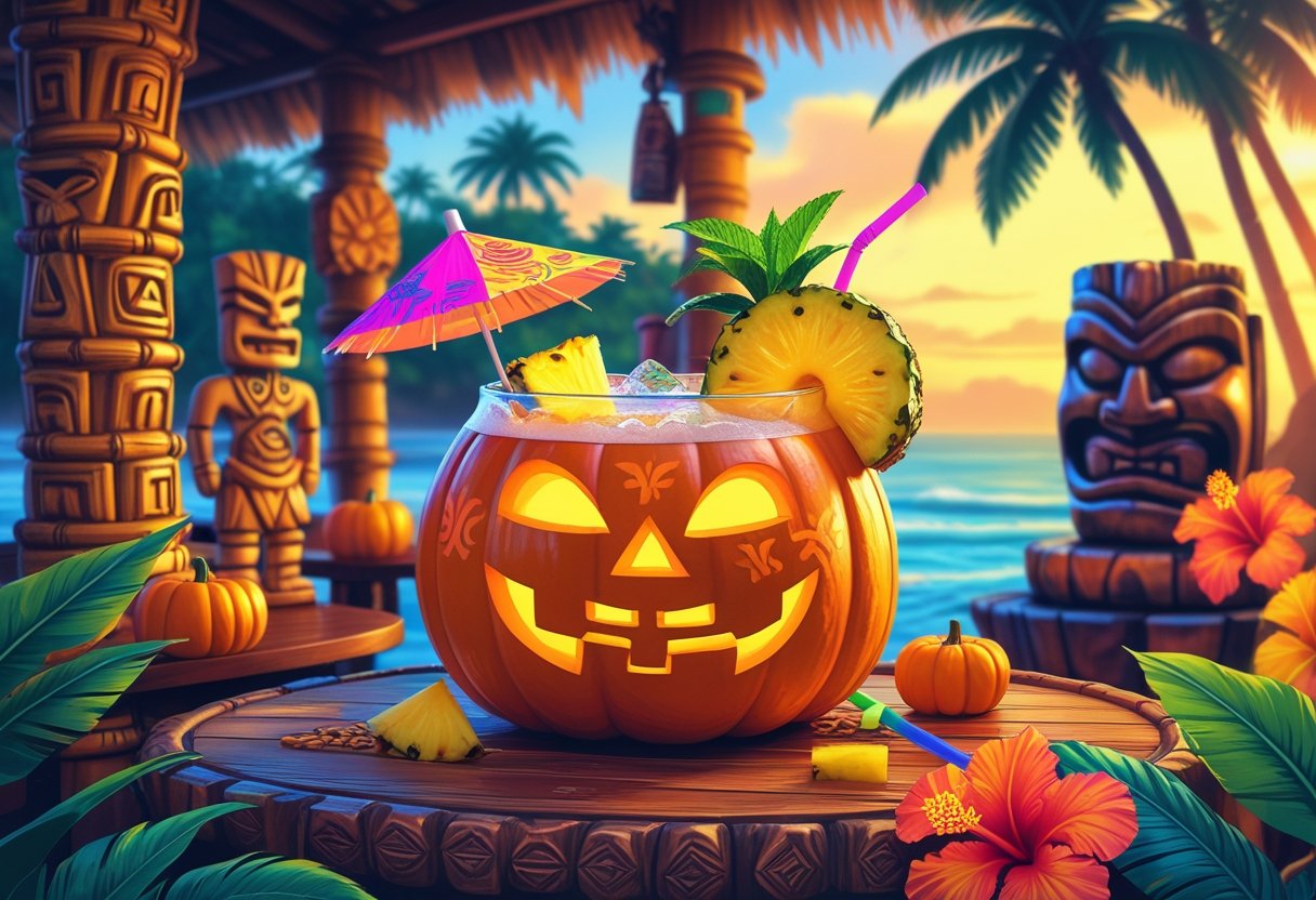 A pumpkin-themed tiki cocktail served in a hollowed-out pumpkin with tropical garnishes on a tiki bar surrounded by tiki statues and palm trees at sunset.