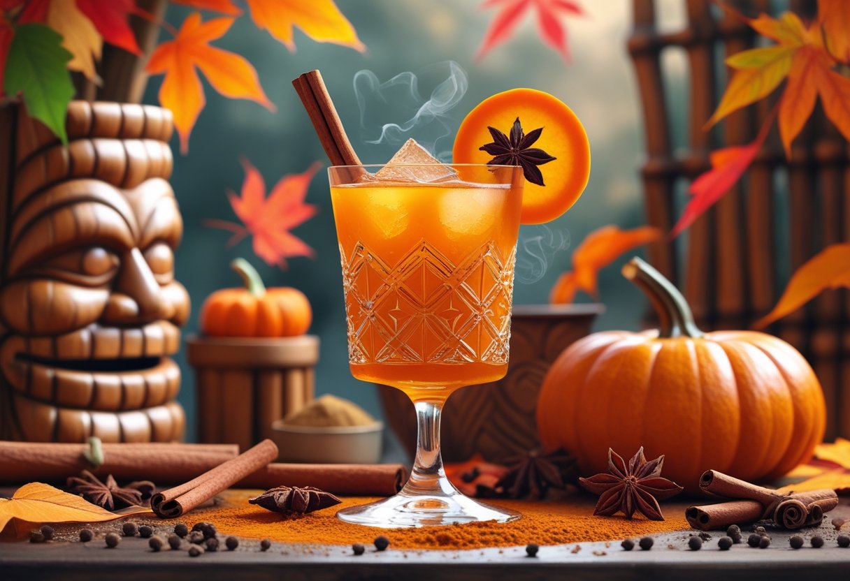 A tiki cocktail with pumpkin and fall spices on a bar counter surrounded by a whole pumpkin, autumn leaves, and scattered spices.