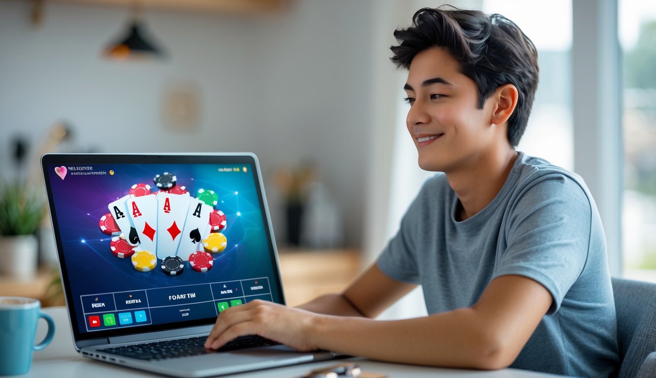 Seseorang duduk di depan laptop yang menampilkan permainan poker online dengan chip dan kartu, terlihat santai dan fokus belajar bermain poker.