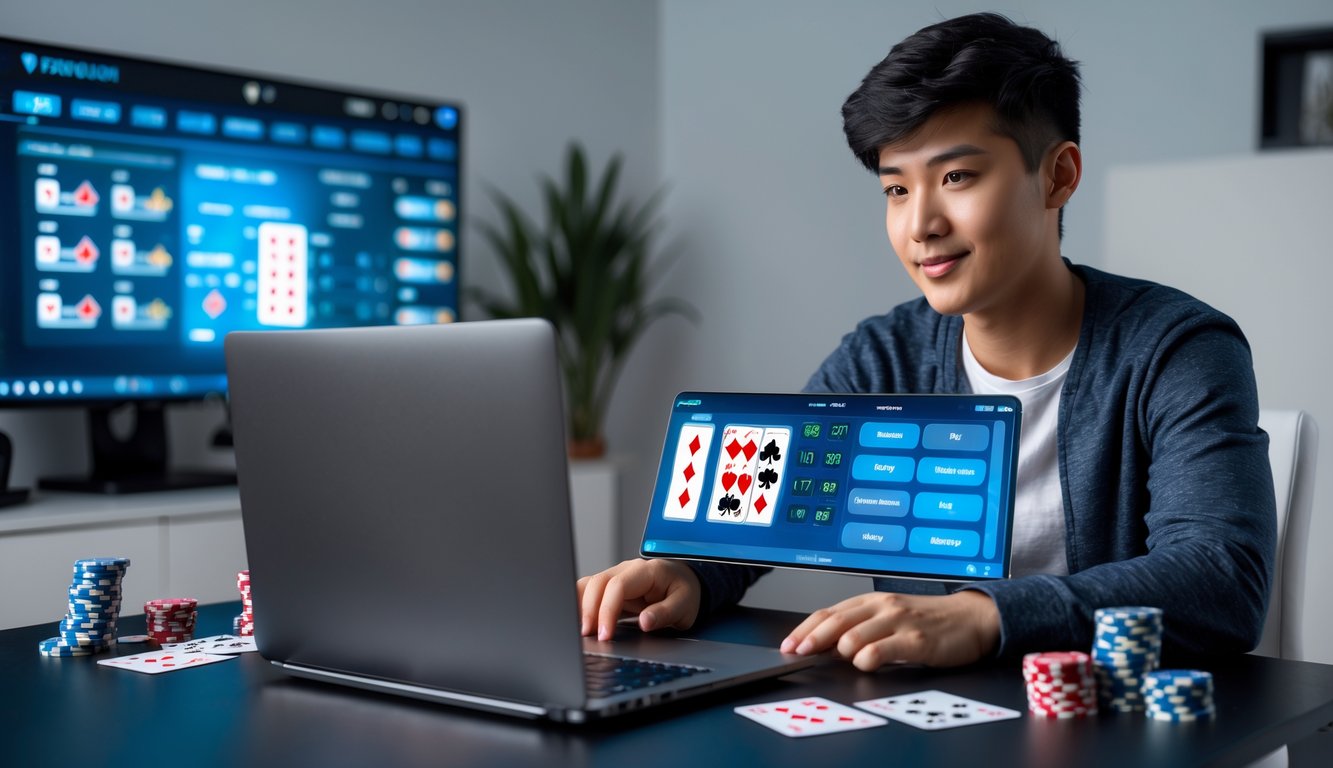Seorang pemula bermain poker online dengan laptop di meja, dikelilingi chip dan kartu poker.