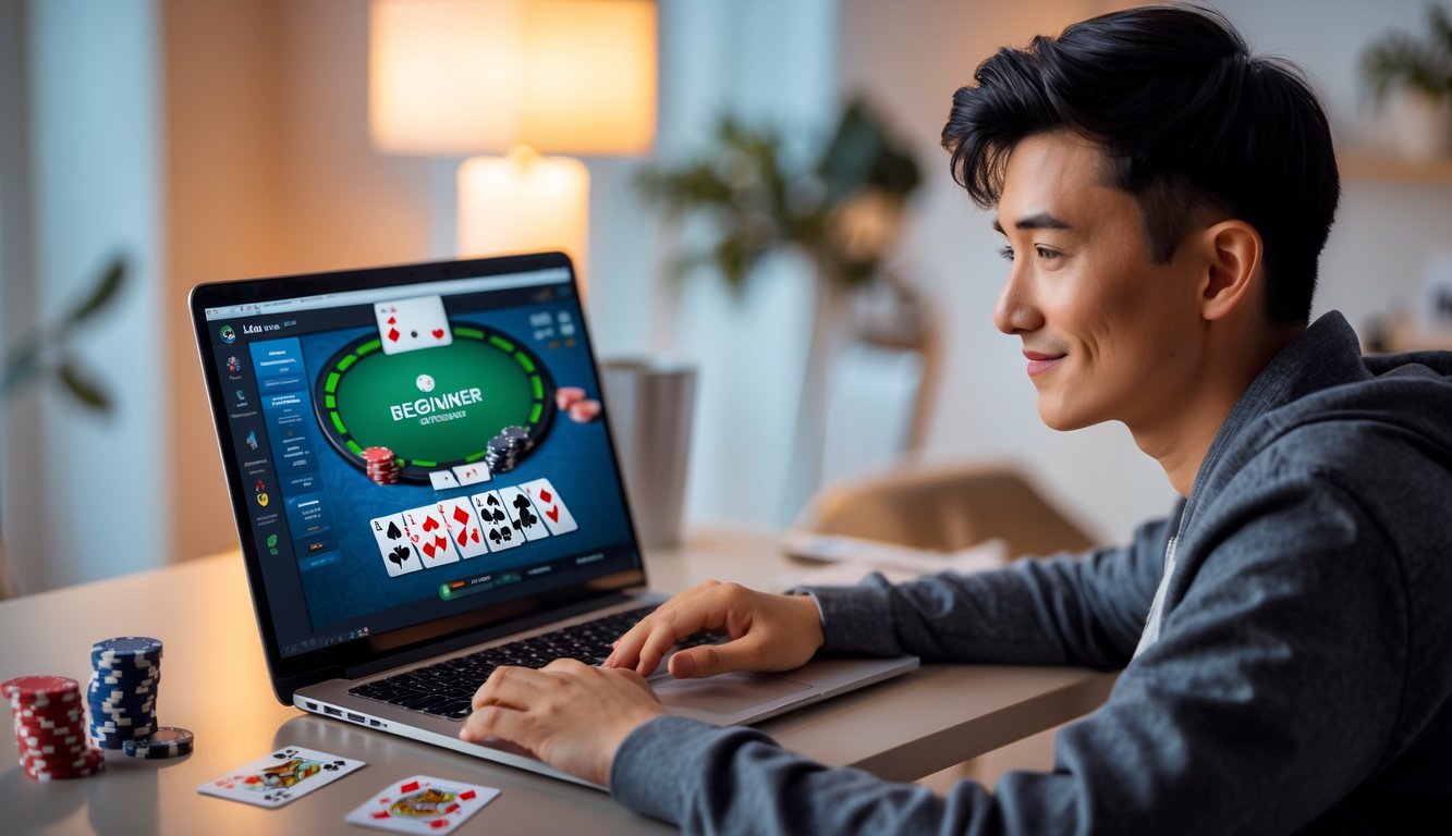 Seorang pemula bermain poker online di laptop di ruang tamu yang nyaman.