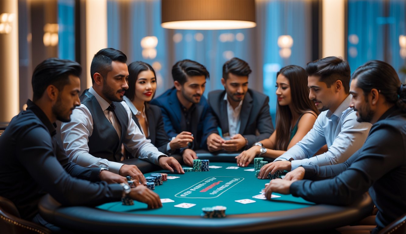 Ruangan poker modern dengan meja poker dan beberapa pemain sedang bermain kartu.