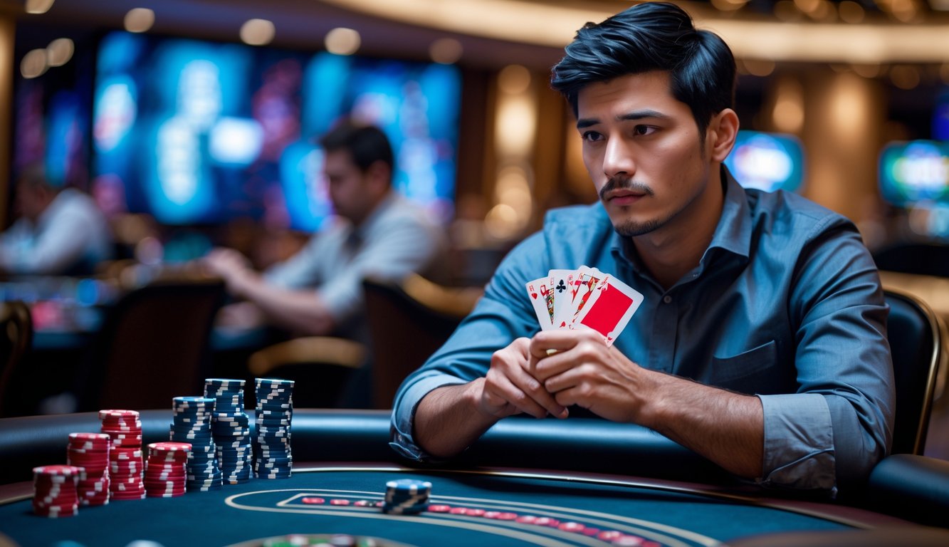 Seorang pria muda duduk di meja poker dengan kartu dan tumpukan chip, terlihat fokus dan serius bermain poker.