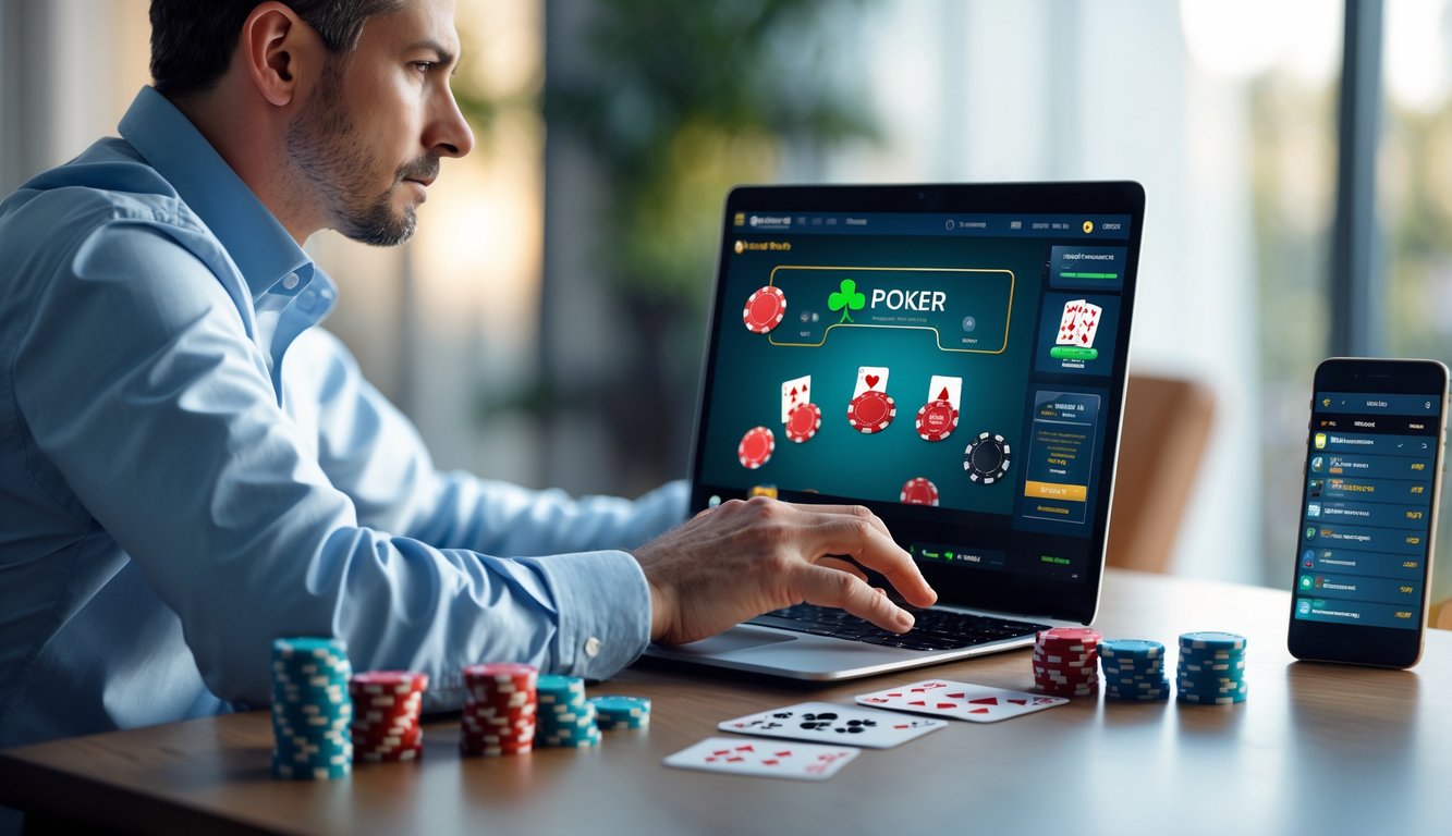 Seorang pria dewasa sedang bermain poker online di depan laptop dengan chip dan kartu poker di meja.