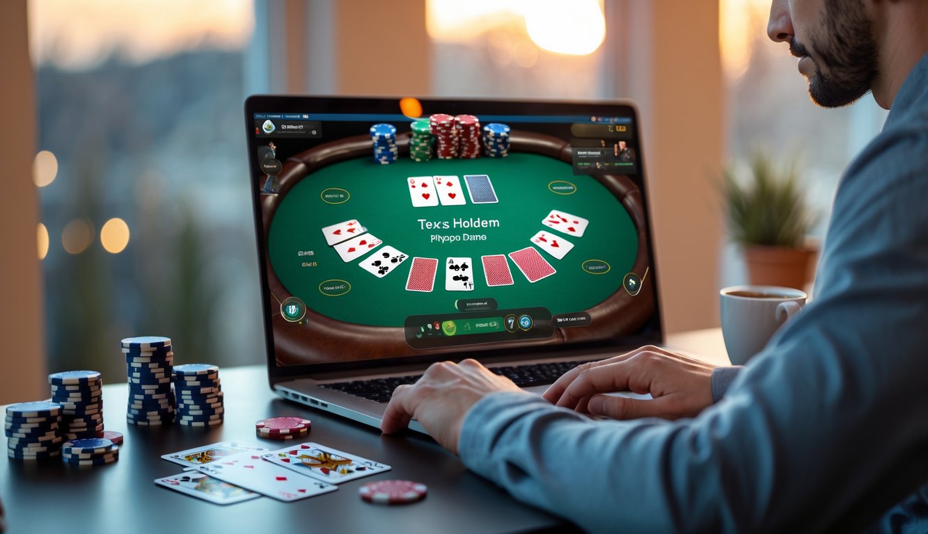 Seseorang duduk di depan komputer dengan layar menampilkan permainan poker Texas Hold'em online, di meja terdapat kartu remi dan chip poker.