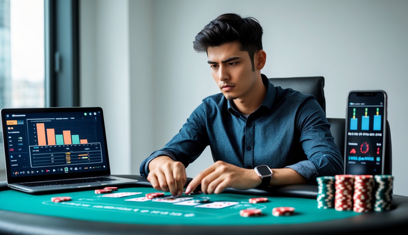Seorang dewasa muda fokus duduk di meja poker dengan kartu dan chip, sambil melihat laptop dan ponsel yang menampilkan grafik strategi poker online.