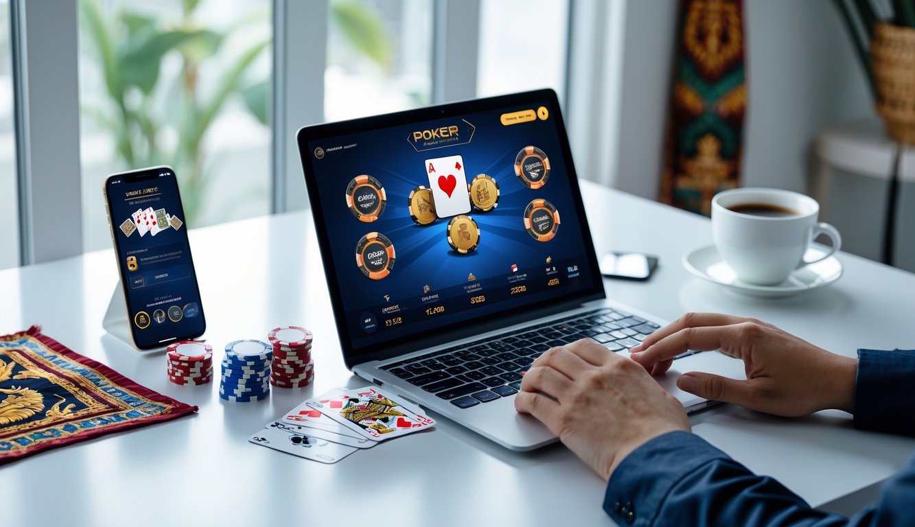 Meja kerja dengan laptop menampilkan permainan poker online, chip poker, kartu bermain, dan ponsel, dengan cahaya alami di ruangan.