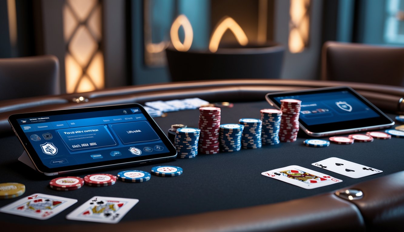 Meja poker dengan chip dan kartu bermain, serta perangkat digital yang menampilkan permainan poker online dalam suasana ruangan yang nyaman.