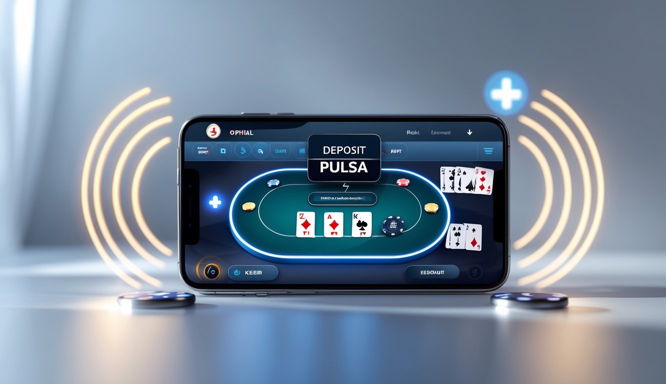 Seseorang menggunakan ponsel untuk bermain poker online dengan kartu dan chip poker di layar.