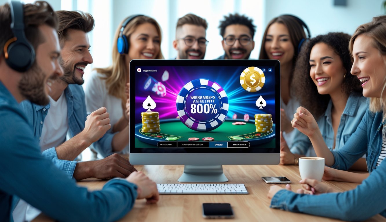 Orang-orang bermain poker online di depan komputer dengan suasana ceria dan penuh semangat.