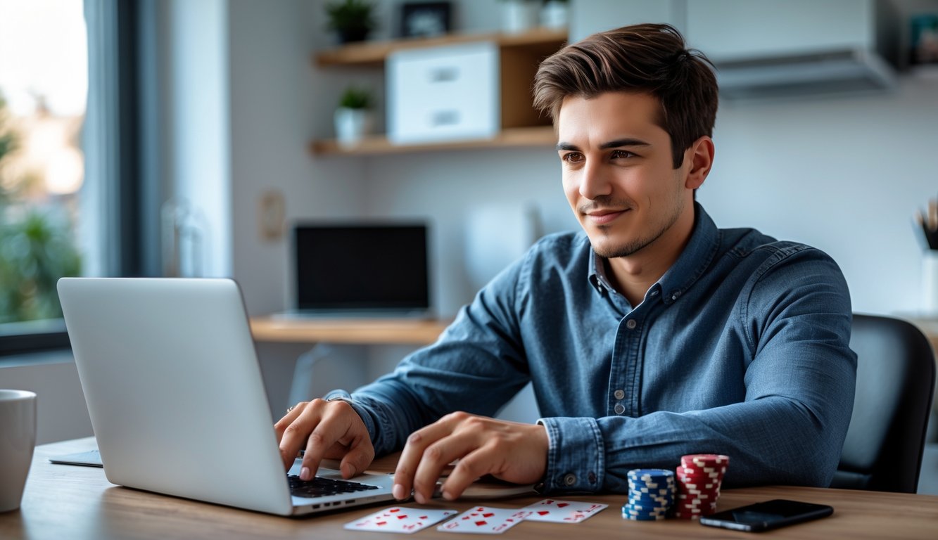 Seorang dewasa muda yang percaya diri bermain poker online di laptop di ruang kerja rumah yang rapi dan terang.