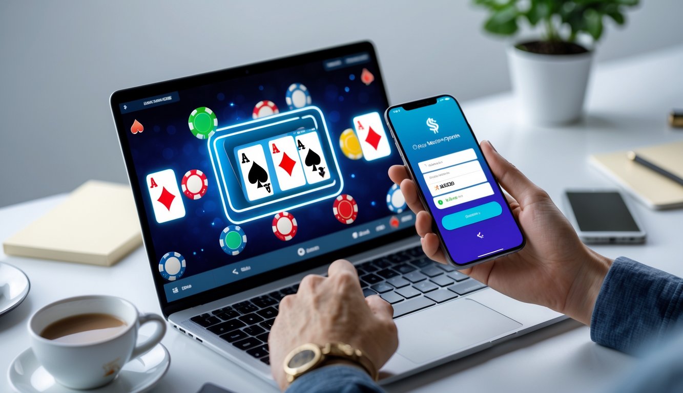 Seseorang menggunakan ponsel untuk melakukan deposit dalam permainan poker online dengan kartu dan chip poker terlihat di layar perangkat.