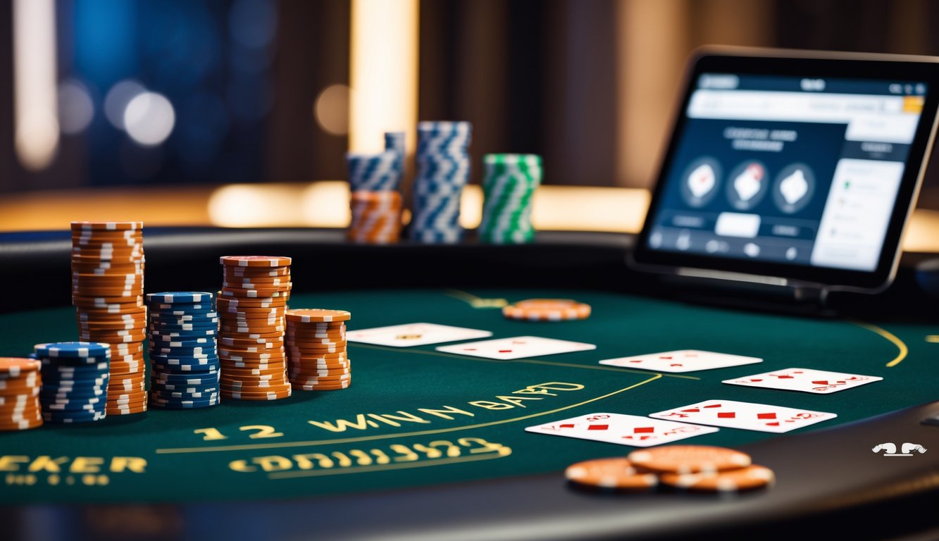 Meja poker modern dengan tumpukan chip dan kartu, serta layar digital yang menampilkan permainan poker online.