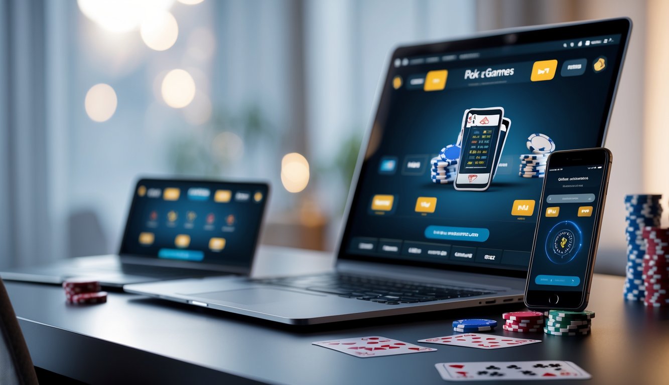 Meja kerja modern dengan laptop dan ponsel yang menampilkan permainan poker online, dilengkapi dengan tumpukan chip poker dan kartu bermain.