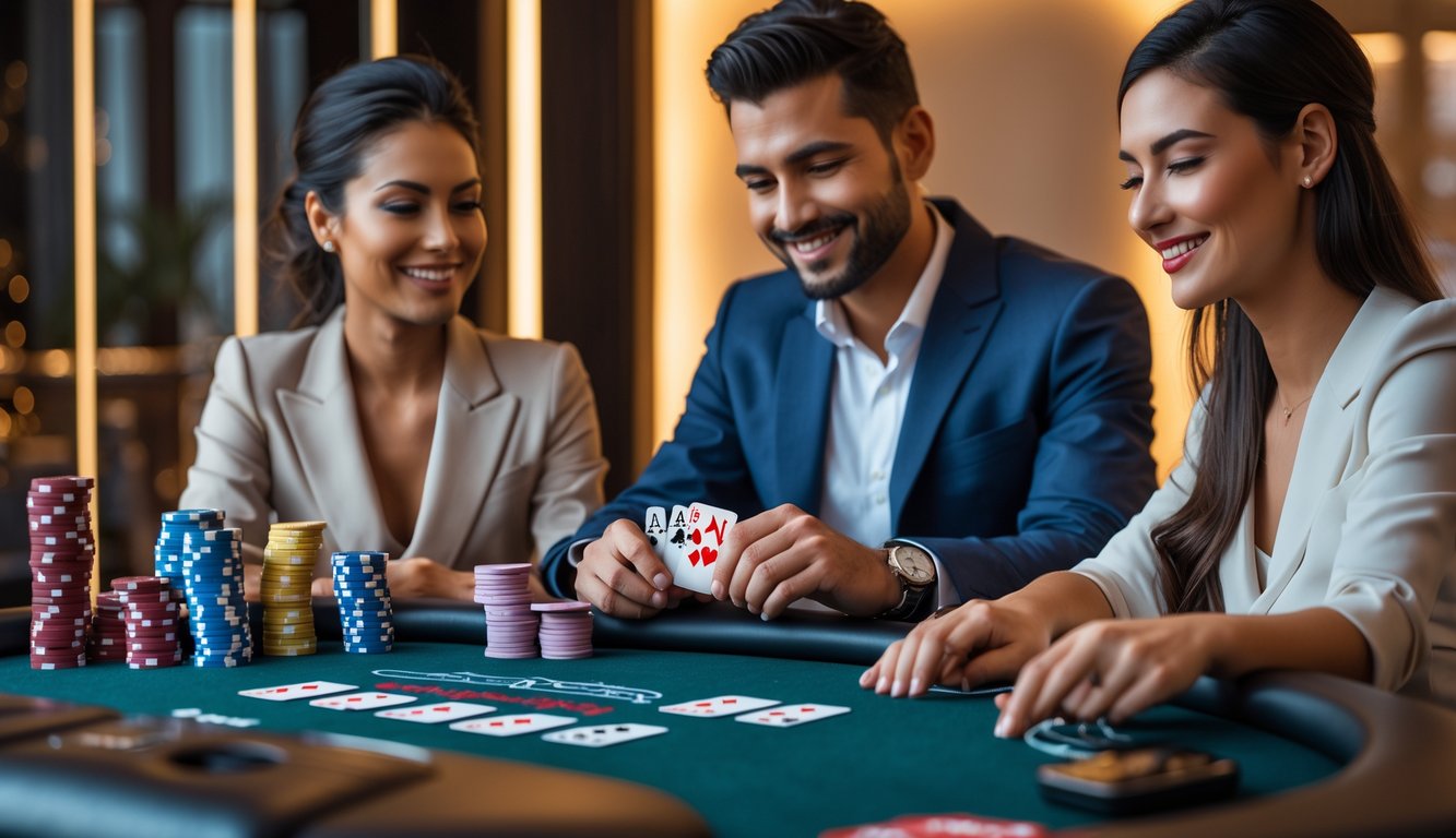 Seorang pria dan wanita bermain poker dengan chip dan kartu di meja dalam ruangan yang nyaman dan mewah.