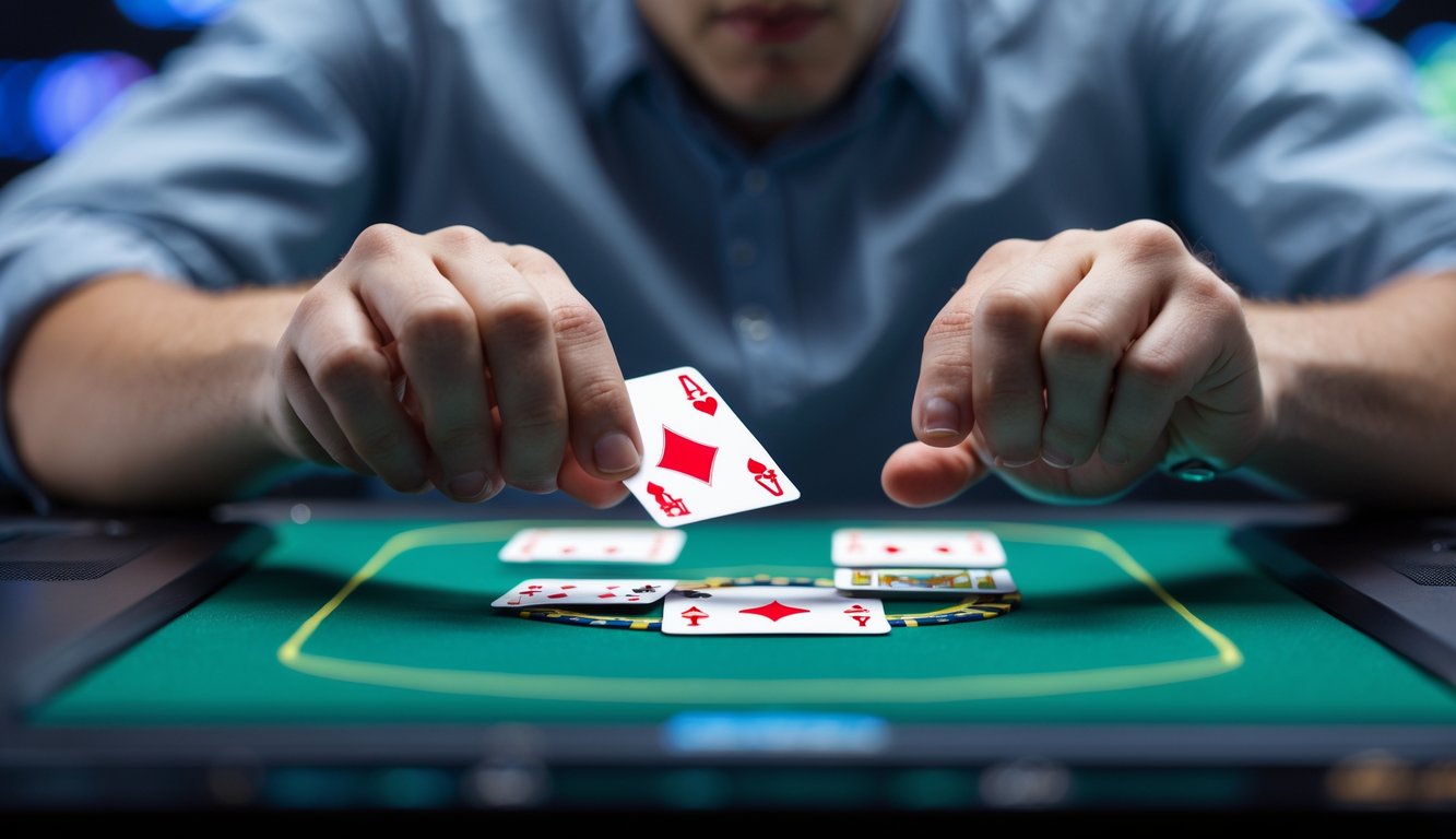 Seorang pemain poker online sedang fokus melihat layar laptop dengan kartu poker virtual di depannya.