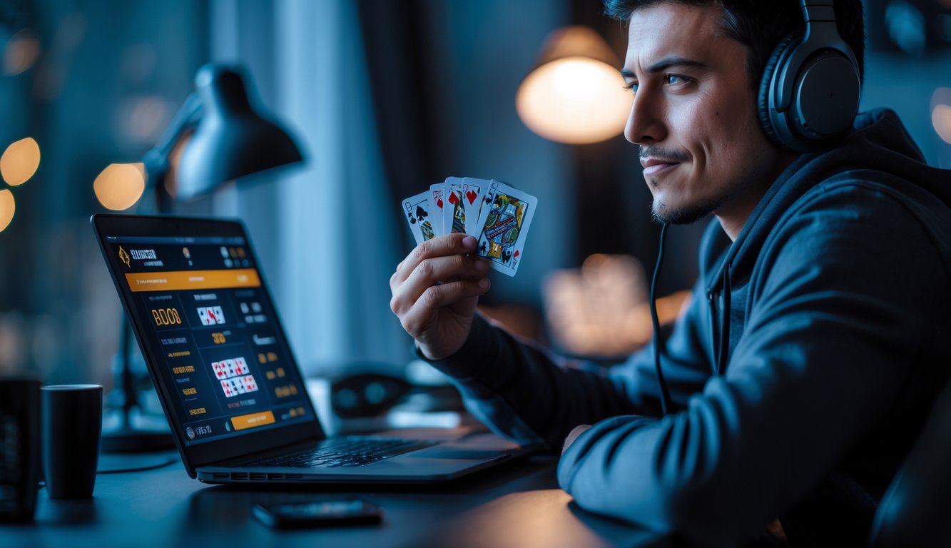 Seorang pemain poker online duduk di depan laptop dengan ekspresi percaya diri sambil memegang chip poker dan kartu.