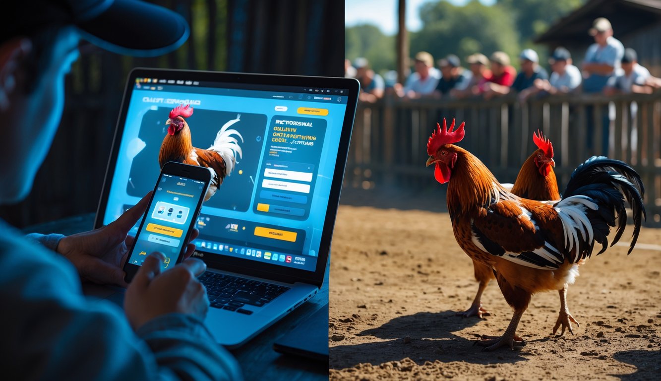 Sebuah gambar yang menunjukkan perbedaan antara sabung ayam online dengan sabung ayam konvensional, dengan satu sisi memperlihatkan orang menggunakan perangkat digital dan sisi lain menampilkan arena sabung ayam tradisional dengan ayam dan penonton.
