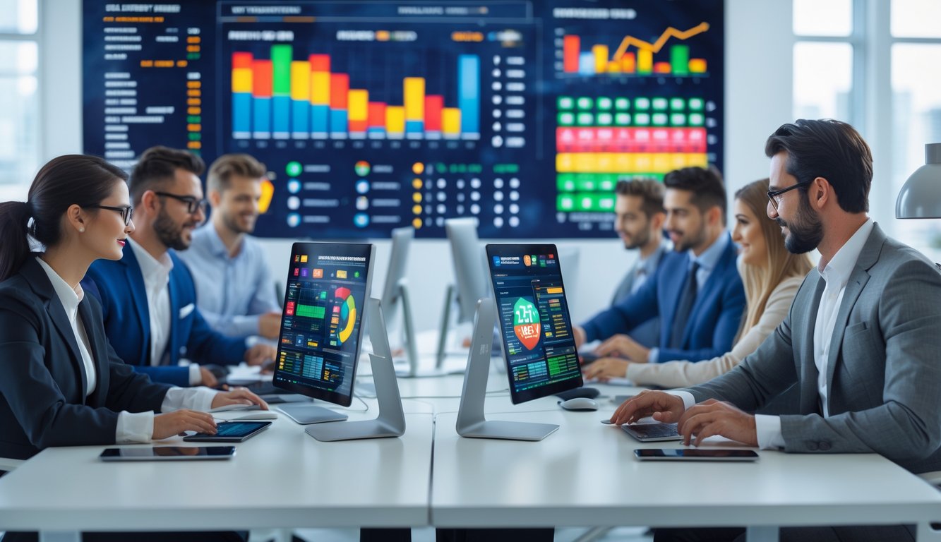 Orang-orang bekerja bersama di kantor modern dengan komputer dan perangkat digital yang menampilkan data pasar togel lengkap.